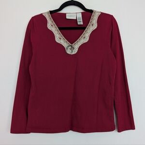 Y2K Cotton Lace Leather Neckline V Neck Long Sleeve Sz M Western Romance